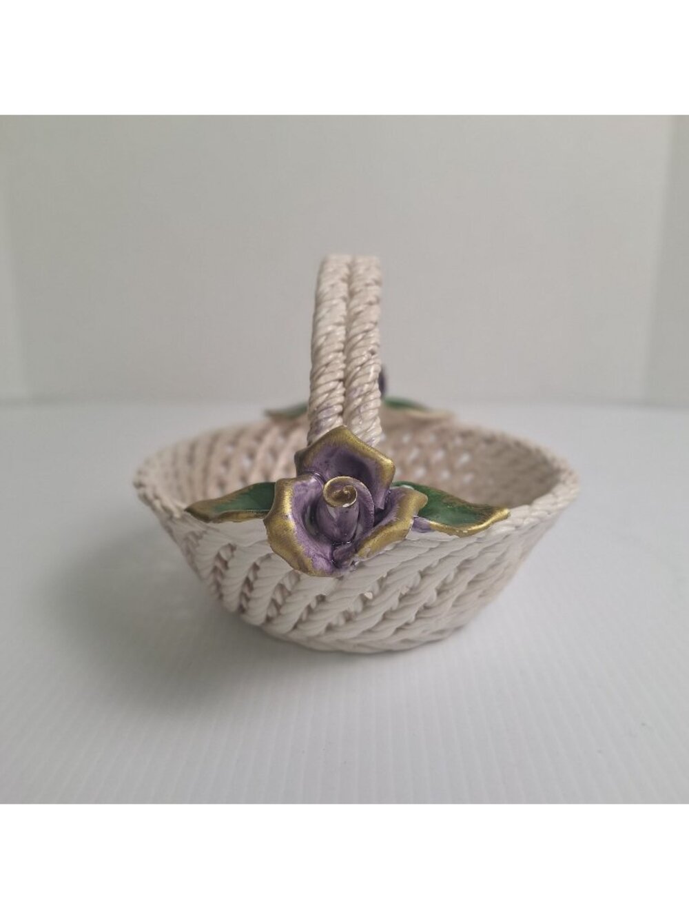 CERAMICHE LANZARIN HANDMADE VINTAGE ITALIAN WOVEN CERAMIC BASKET HANDLE PURPLE